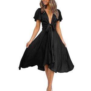 Satin V Neck Ruffle Short Sleeve Tie Front High Waist Midi A-Line Maxi Dresses